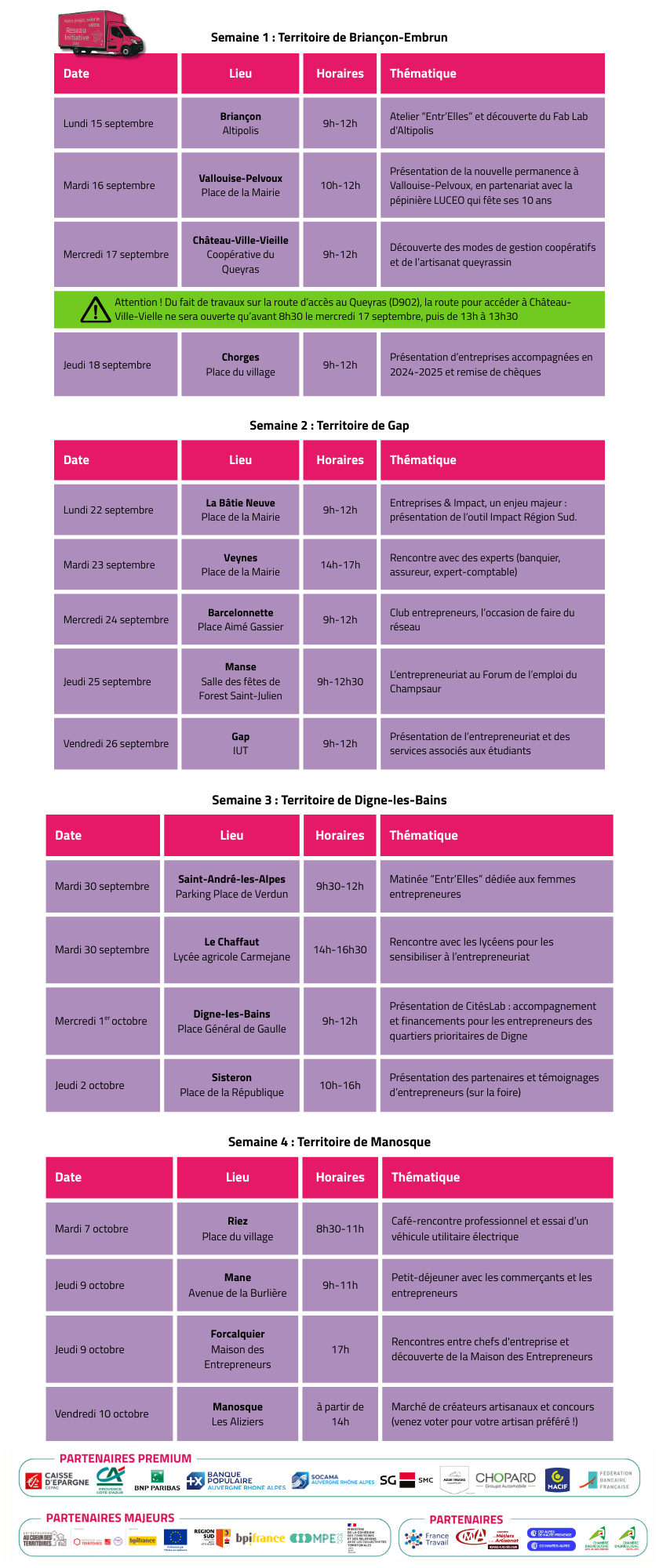 Programme complet de la tournée du bus de l'entrepreneuriat